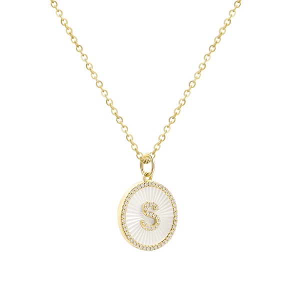 14k Yellow Gold Fluted Mop Disc Diamond Initial Necklace - Letter S - Flat View -  107961 - Thumbnail