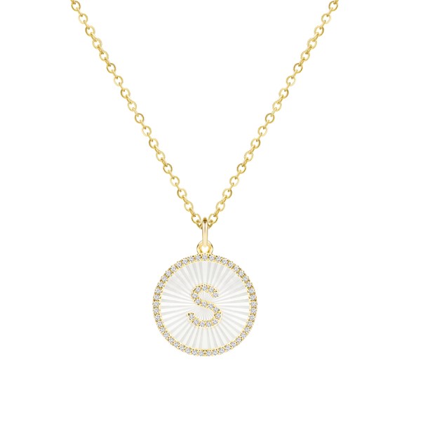 Fluted MOP Disc Diamond Initial Necklace - Letter S - Image