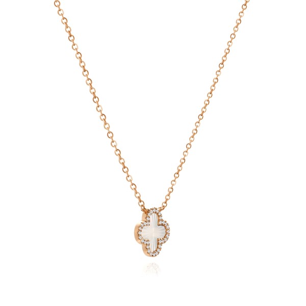 18k Rose Gold 18k Rose Gold Fluted Mother Of Pearl Clover Diamond Necklace - Flat View -  107992 - Thumbnail