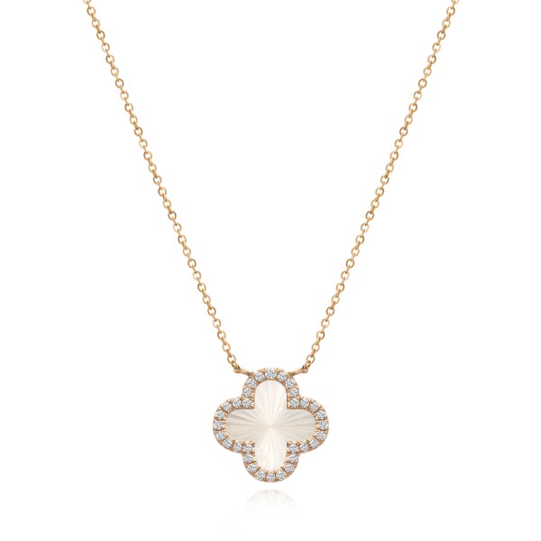 18k Rose Gold Fluted Mother Of Pearl Clover Diamond Necklace