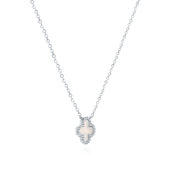14k White Gold 14k White Gold Fluted Mother Of Pearl Clover Diamond Necklace - Flat View -  107992 - Thumbnail