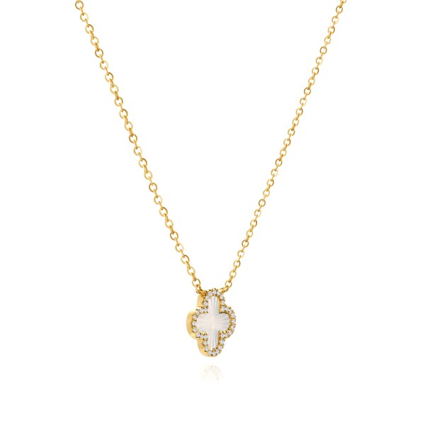 14k Yellow Gold Fluted Mother Of Pearl Clover Diamond Necklace - Flat View -  107992 - Thumbnail