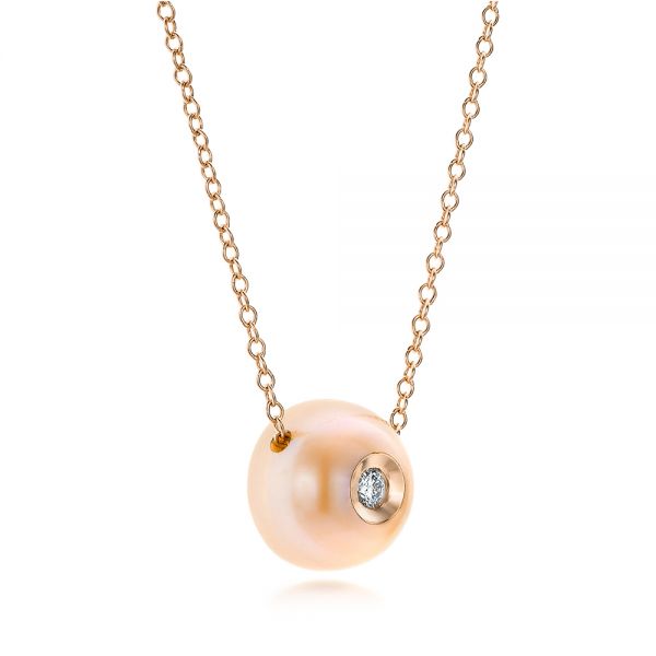 18k Rose Gold 18k Rose Gold Fresh Peach Pearl And Diamond Pendant - Flat View -  101120