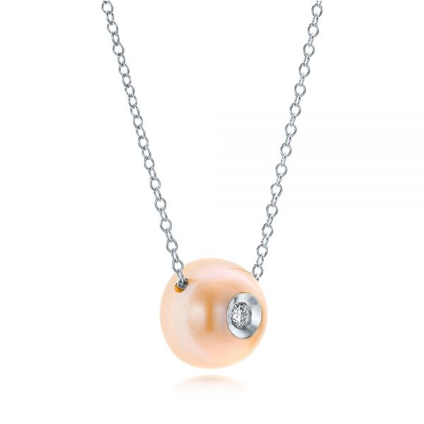 14k White Gold 14k White Gold Fresh Peach Pearl And Diamond Pendant - Flat View -  101120