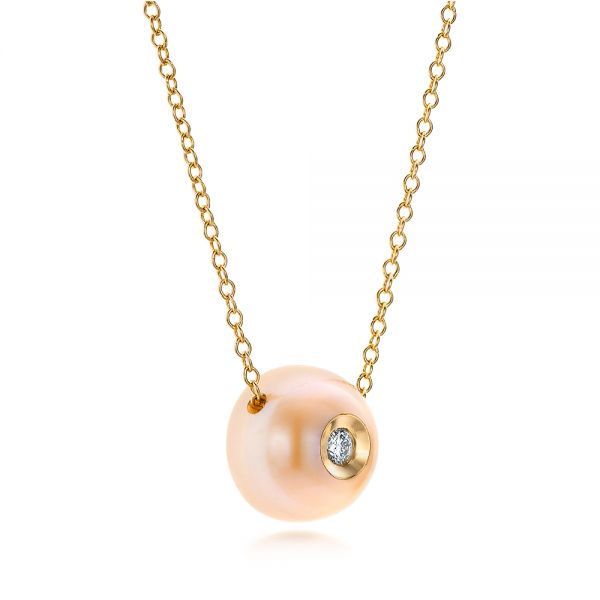 14k Yellow Gold Fresh Peach Pearl And Diamond Pendant - Flat View - 101120