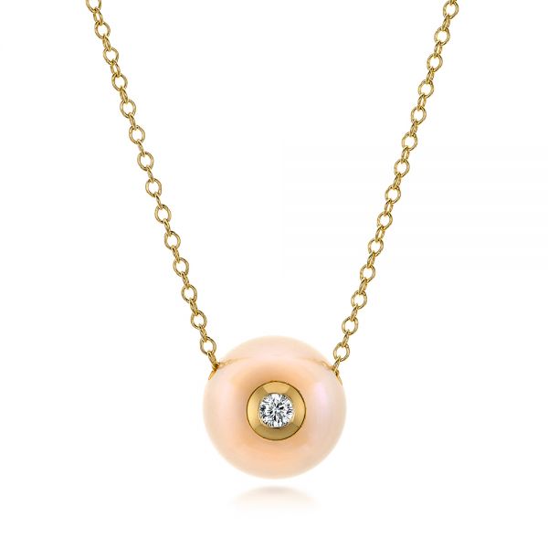 14k Yellow Gold Fresh Peach Pearl And Diamond Pendant - Three-Quarter View -  101120