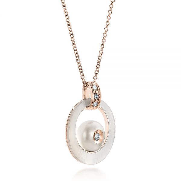 14k Rose Gold 14k Rose Gold Fresh White Pearl And Diamond Pendant - Flat View -  101118