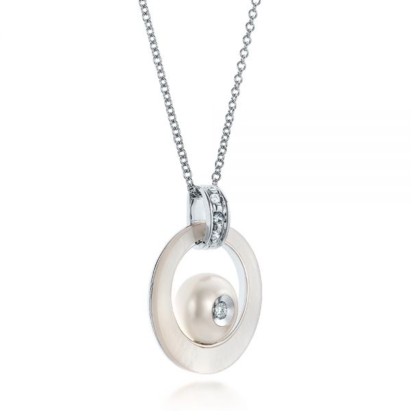 14k White Gold Fresh White Pearl And Diamond Pendant - Flat View - 101118