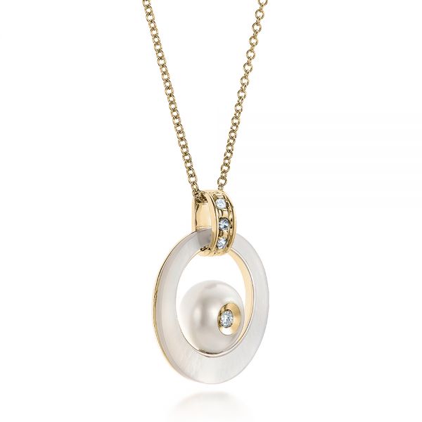 18k Yellow Gold 18k Yellow Gold Fresh White Pearl And Diamond Pendant - Flat View - 101118