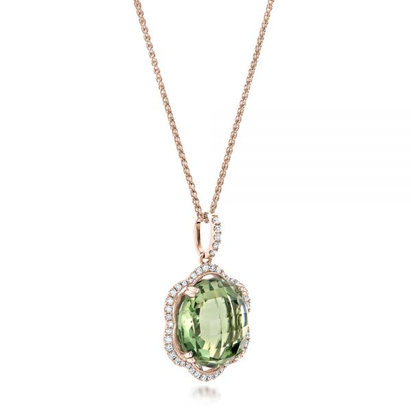 14k Rose Gold 14k Rose Gold Green Quartz Checkerboard And Diamond Halo Pendant - Flat View - 101938