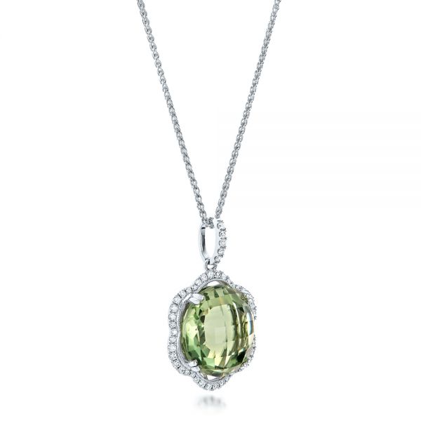 18k White Gold 18k White Gold Green Quartz Checkerboard And Diamond Halo Pendant - Flat View -  101938