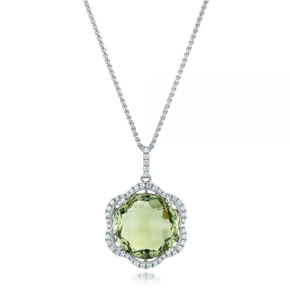  Platinum Platinum Green Quartz Checkerboard And Diamond Halo Pendant - Three-Quarter View -  101938