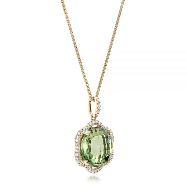 14k Yellow Gold 14k Yellow Gold Green Quartz Checkerboard And Diamond Halo Pendant - Flat View - 101938