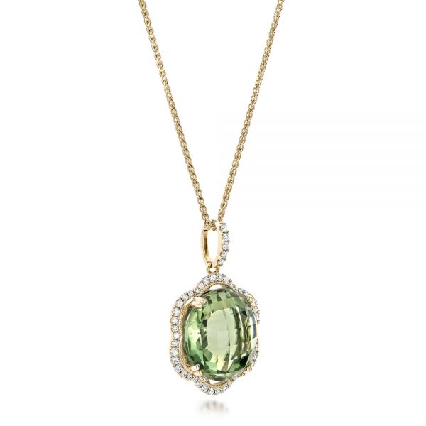 14k Yellow Gold 14k Yellow Gold Green Quartz Checkerboard And Diamond Halo Pendant - Flat View -  101938