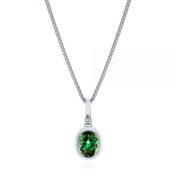 18k White Gold 18k White Gold Green Tourmaline And Diamond Pendant - Three-Quarter View -  106000