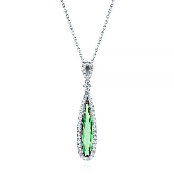 14k White Gold 14k White Gold Green Tourmaline And Diamond Pendant - Three-Quarter View -  106331