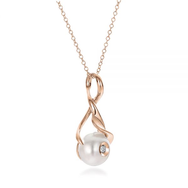 18k Rose Gold 18k Rose Gold Leaf Fresh White Pearl And Diamond Pendant - Flat View -  100343