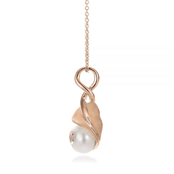 14k Rose Gold 14k Rose Gold Leaf Fresh White Pearl And Diamond Pendant - Side View -  100343