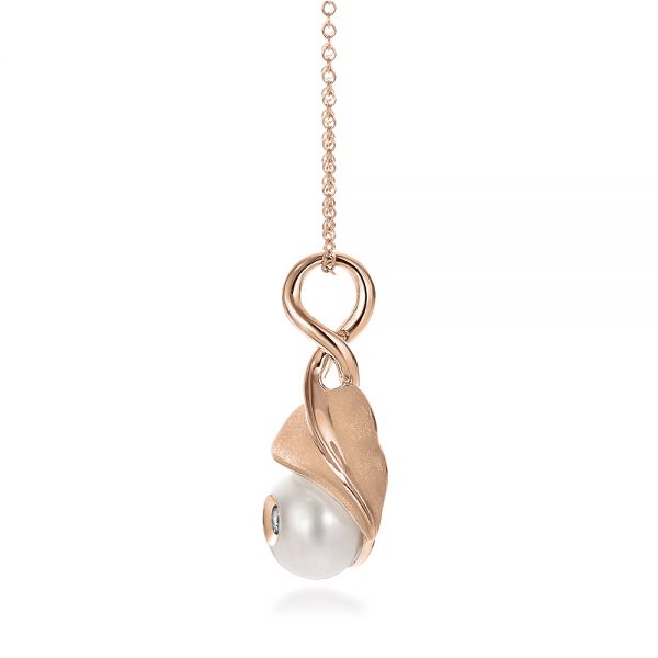 14k Rose Gold 14k Rose Gold Leaf Fresh White Pearl And Diamond Pendant - Side View - 100343