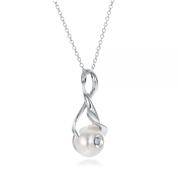 14k White Gold Leaf Fresh White Pearl And Diamond Pendant - Flat View - 100343