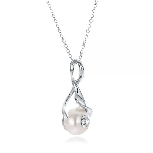  Platinum Platinum Leaf Fresh White Pearl And Diamond Pendant - Flat View -  100343