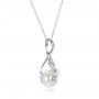 14k White Gold Leaf Fresh White Pearl And Diamond Pendant - Flat View -  100343 - Thumbnail