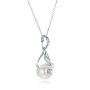 14k White Gold Leaf Fresh White Pearl And Diamond Pendant - Flat View -  100343 - Thumbnail