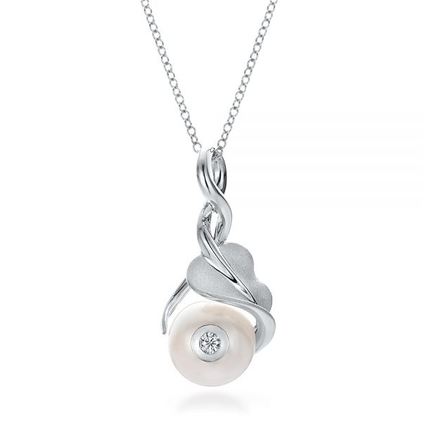 14k White Gold Leaf Fresh White Pearl And Diamond Pendant - Three-Quarter View -  100343