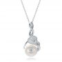 14k White Gold Leaf Fresh White Pearl And Diamond Pendant - Three-Quarter View -  100343 - Thumbnail