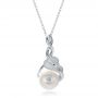 18k White Gold 18k White Gold Leaf Fresh White Pearl And Diamond Pendant - Three-Quarter View -  100343 - Thumbnail