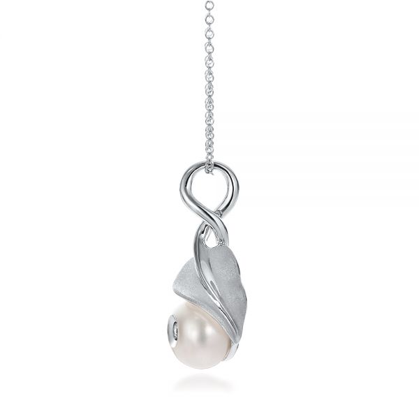 14k White Gold Leaf Fresh White Pearl And Diamond Pendant - Side View -  100343