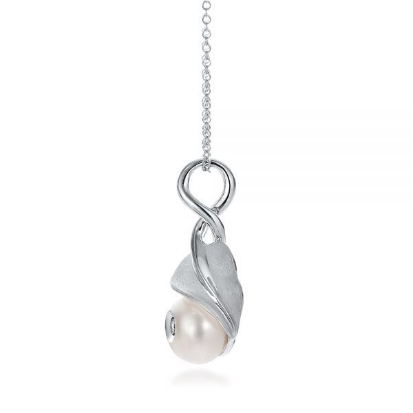 14k White Gold Leaf Fresh White Pearl And Diamond Pendant - Side View - 100343
