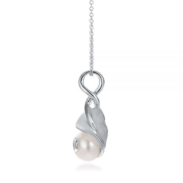 18k White Gold 18k White Gold Leaf Fresh White Pearl And Diamond Pendant - Side View -  100343