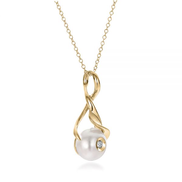 14k Yellow Gold 14k Yellow Gold Leaf Fresh White Pearl And Diamond Pendant - Flat View - 100343