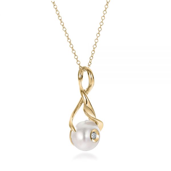 14k Yellow Gold 14k Yellow Gold Leaf Fresh White Pearl And Diamond Pendant - Flat View -  100343