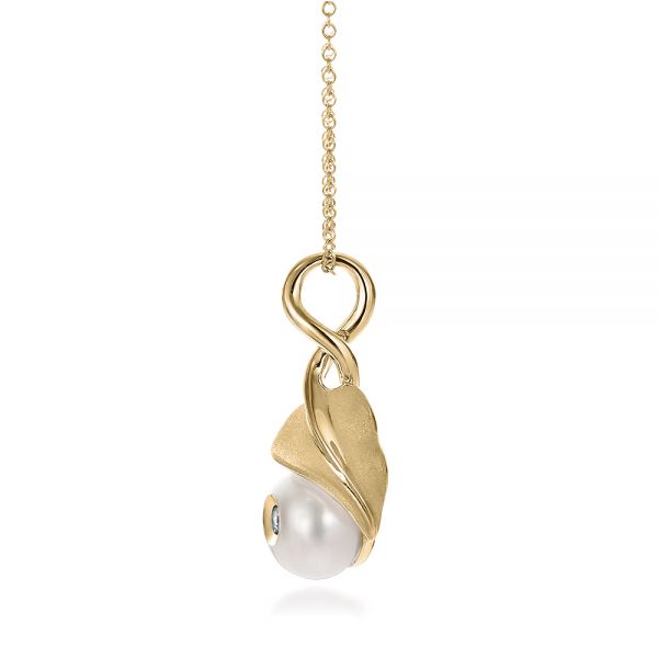 18k Yellow Gold 18k Yellow Gold Leaf Fresh White Pearl And Diamond Pendant - Side View -  100343