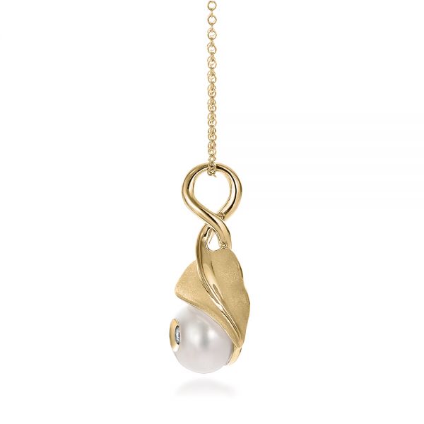 14k Yellow Gold 14k Yellow Gold Leaf Fresh White Pearl And Diamond Pendant - Side View - 100343