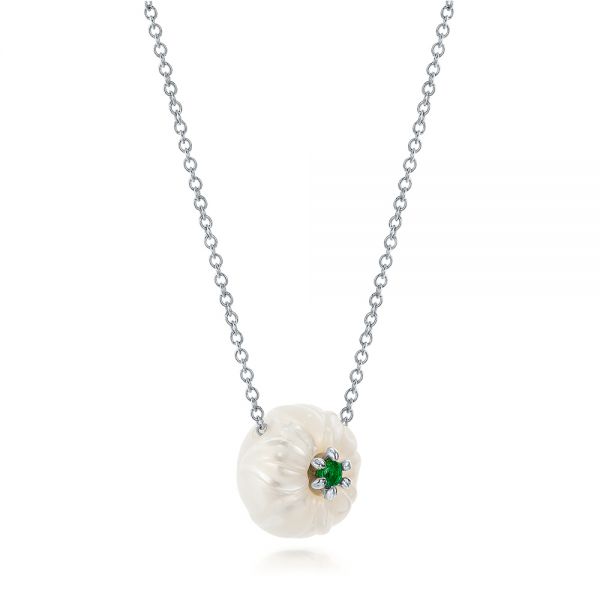  Platinum And 14K Gold Platinum And 14K Gold Lily Fresh Water Carved Pearl And Emerald Pendant - Flat View -  101969