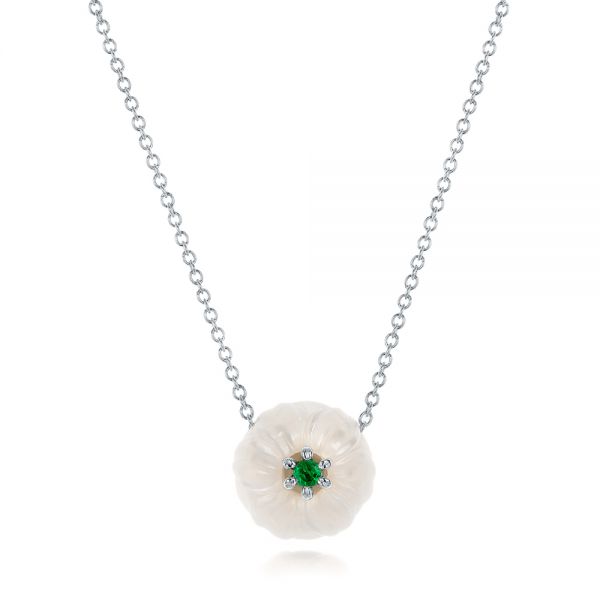 14k White Gold And 18K Gold 14k White Gold And 18K Gold Lily Fresh Water Carved Pearl And Emerald Pendant - Three-Quarter View -  101969