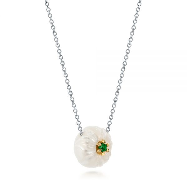 14k Yellow Gold And 14K Gold Lily Fresh Water Carved Pearl And Emerald Pendant - Flat View - 101969