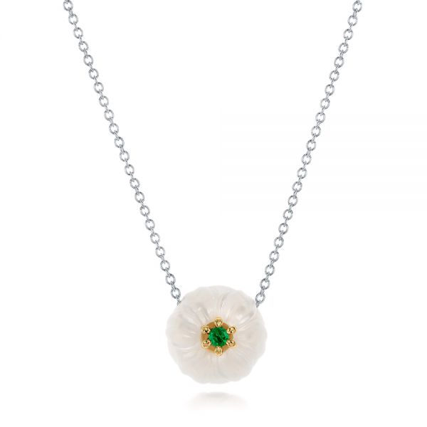 18k Yellow Gold And Platinum 18k Yellow Gold And Platinum Lily Fresh Water Carved Pearl And Emerald Pendant - Three-Quarter View -  101969