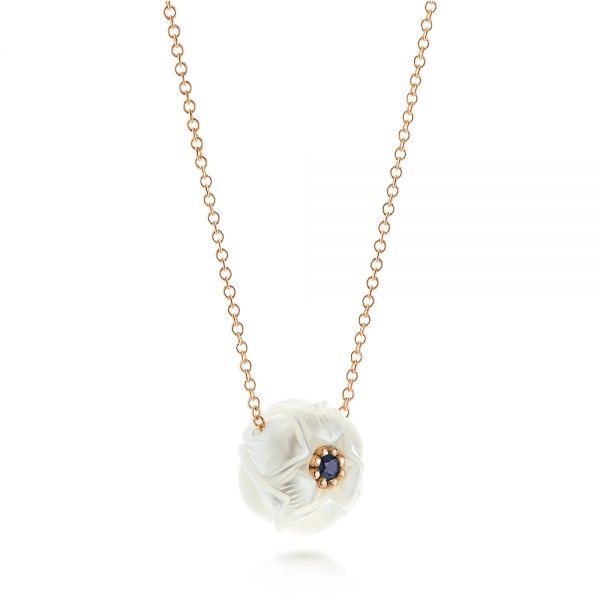 18k Rose Gold 18k Rose Gold Lotus Fresh Water Carved Pearl And Blue Sapphire Pendant - Flat View -  103245