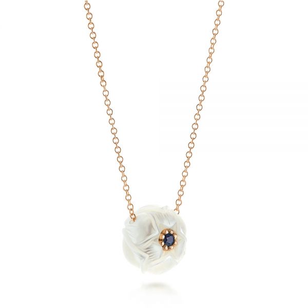 14k Rose Gold 14k Rose Gold Lotus Fresh Water Carved Pearl And Blue Sapphire Pendant - Flat View - 103245