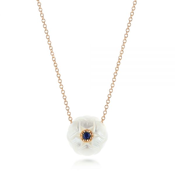 14k Rose Gold 14k Rose Gold Lotus Fresh Water Carved Pearl And Blue Sapphire Pendant - Three-Quarter View -  103245