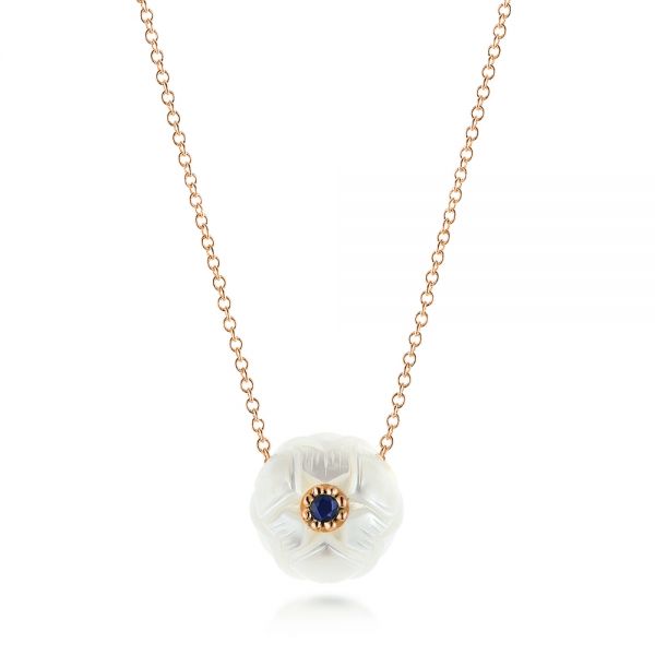14k Rose Gold 14k Rose Gold Lotus Fresh Water Carved Pearl And Blue Sapphire Pendant - Three-Quarter View - 103245