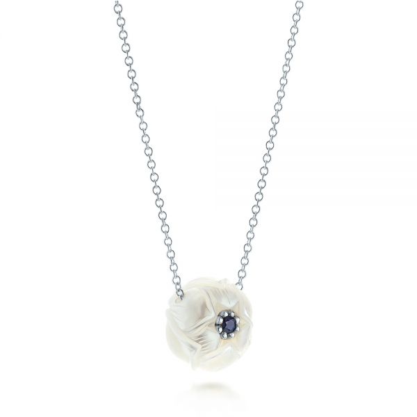 14k White Gold 14k White Gold Lotus Fresh Water Carved Pearl And Blue Sapphire Pendant - Flat View -  103245