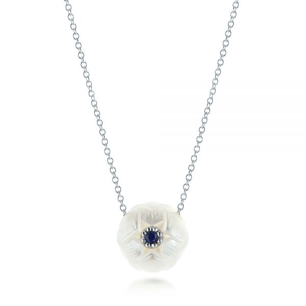  Platinum Platinum Lotus Fresh Water Carved Pearl And Blue Sapphire Pendant - Three-Quarter View -  103245