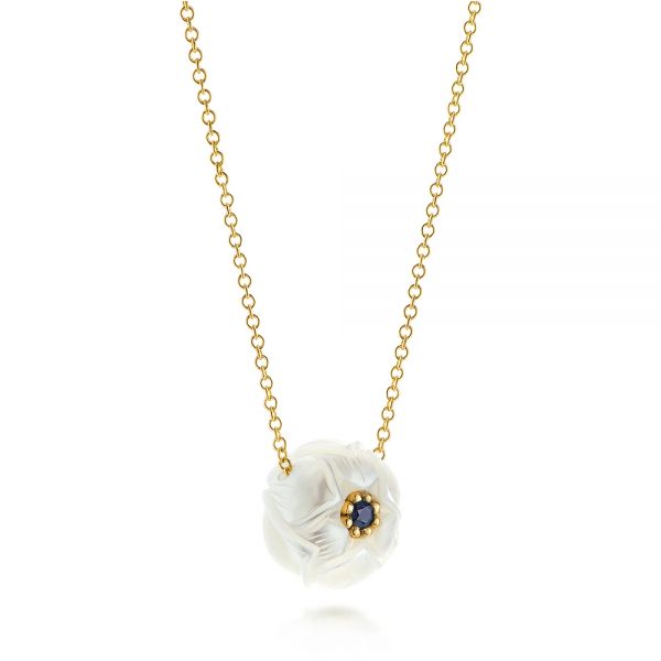 14k Yellow Gold Lotus Fresh Water Carved Pearl And Blue Sapphire Pendant - Flat View - 103245