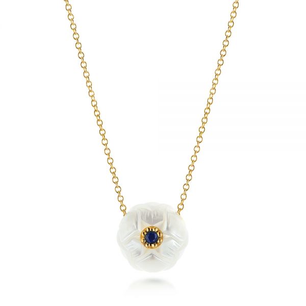 18k Yellow Gold 18k Yellow Gold Lotus Fresh Water Carved Pearl And Blue Sapphire Pendant - Three-Quarter View -  103245