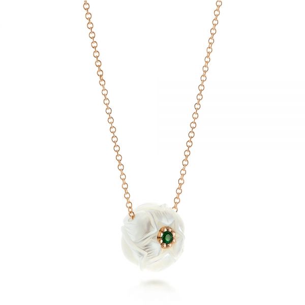 18k Rose Gold 18k Rose Gold Lotus Fresh Water Carved Pearl And Emerald Pendant - Flat View -  103244